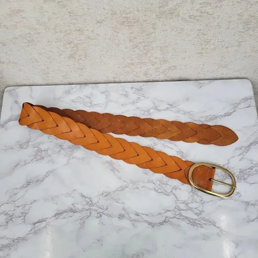 Miss Me Braided Woven Orangey Tan Leather Belt with Large Gold Toned Oval Buckle